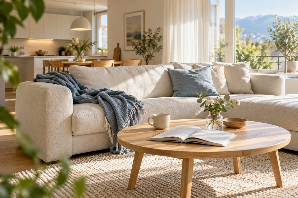 Helles, gemütliches Zuhause mit natürlichen Materialien und blauen Akzenten