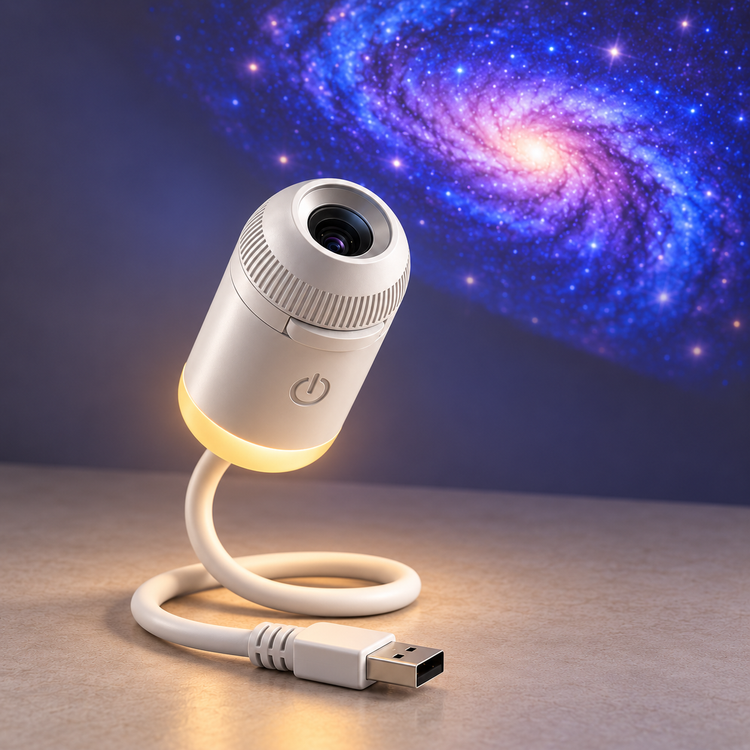 Sternenhimmel-Projektor mit flexiblem USB-Arm vor einer illustrierten Galaxie-Projektion